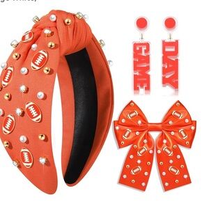 3 piece Orange Football Headband, Earrings Set and matching bow ! New